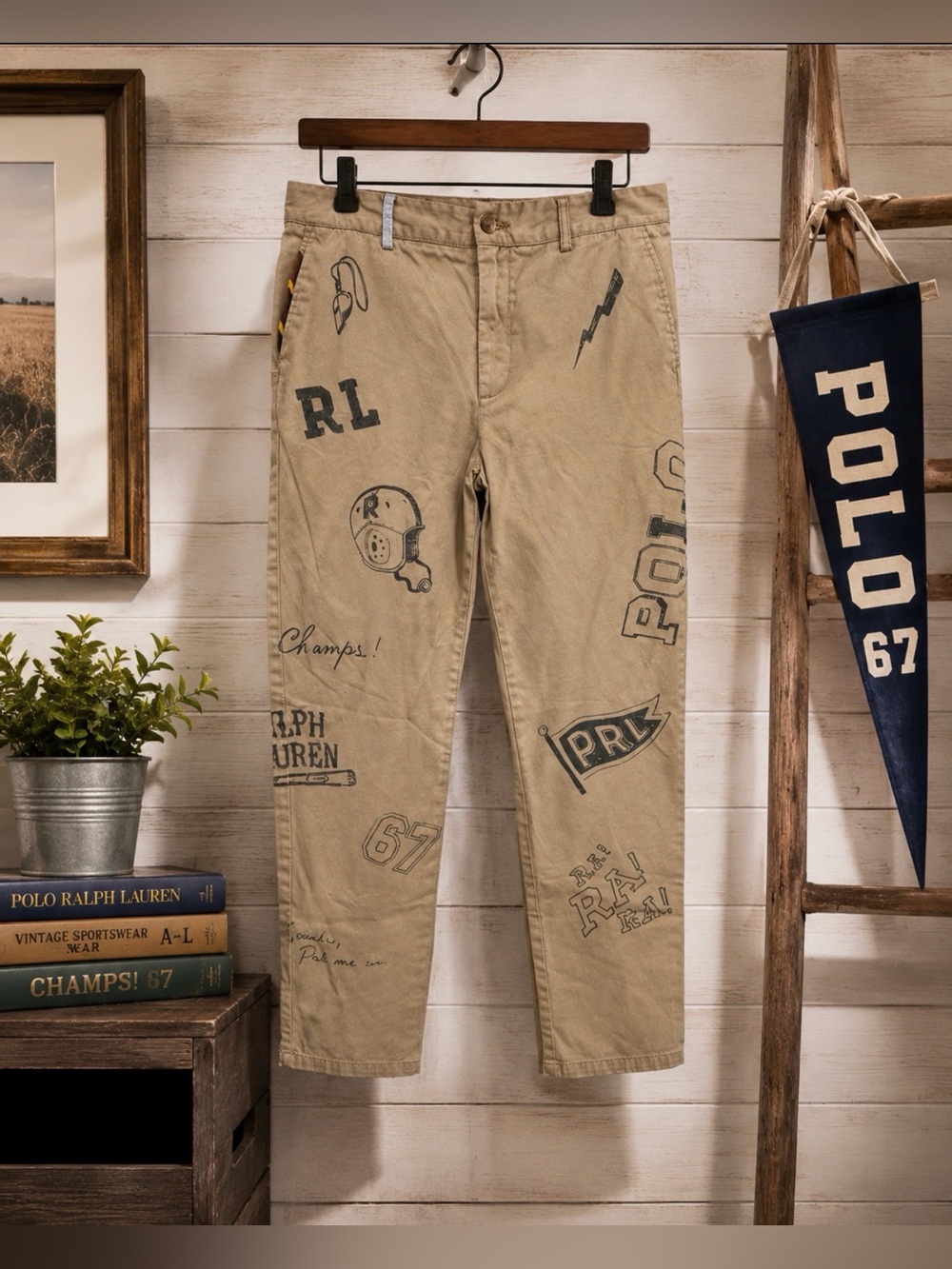 Polo by Ralph Lauren Tan Chinos pants with football flair design size 18